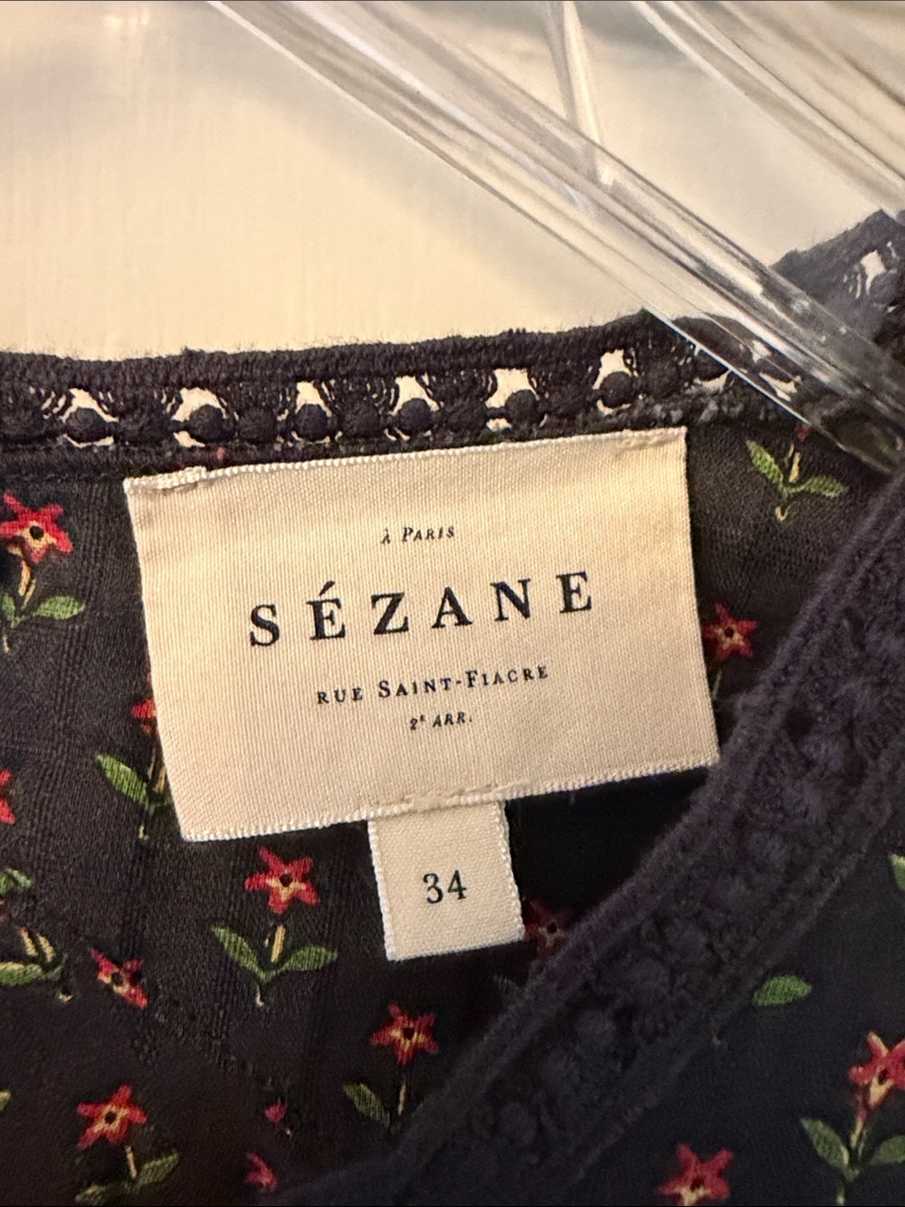 Sézane Floral Ruffle Sleeveless Top — Black with Pink & Green Micro-Print - Picture 2 of 6